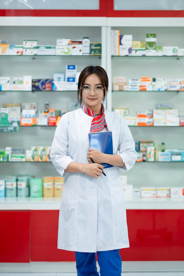 Female pharmacist in a lab coat standing confidently in a well-organized pharmacy.